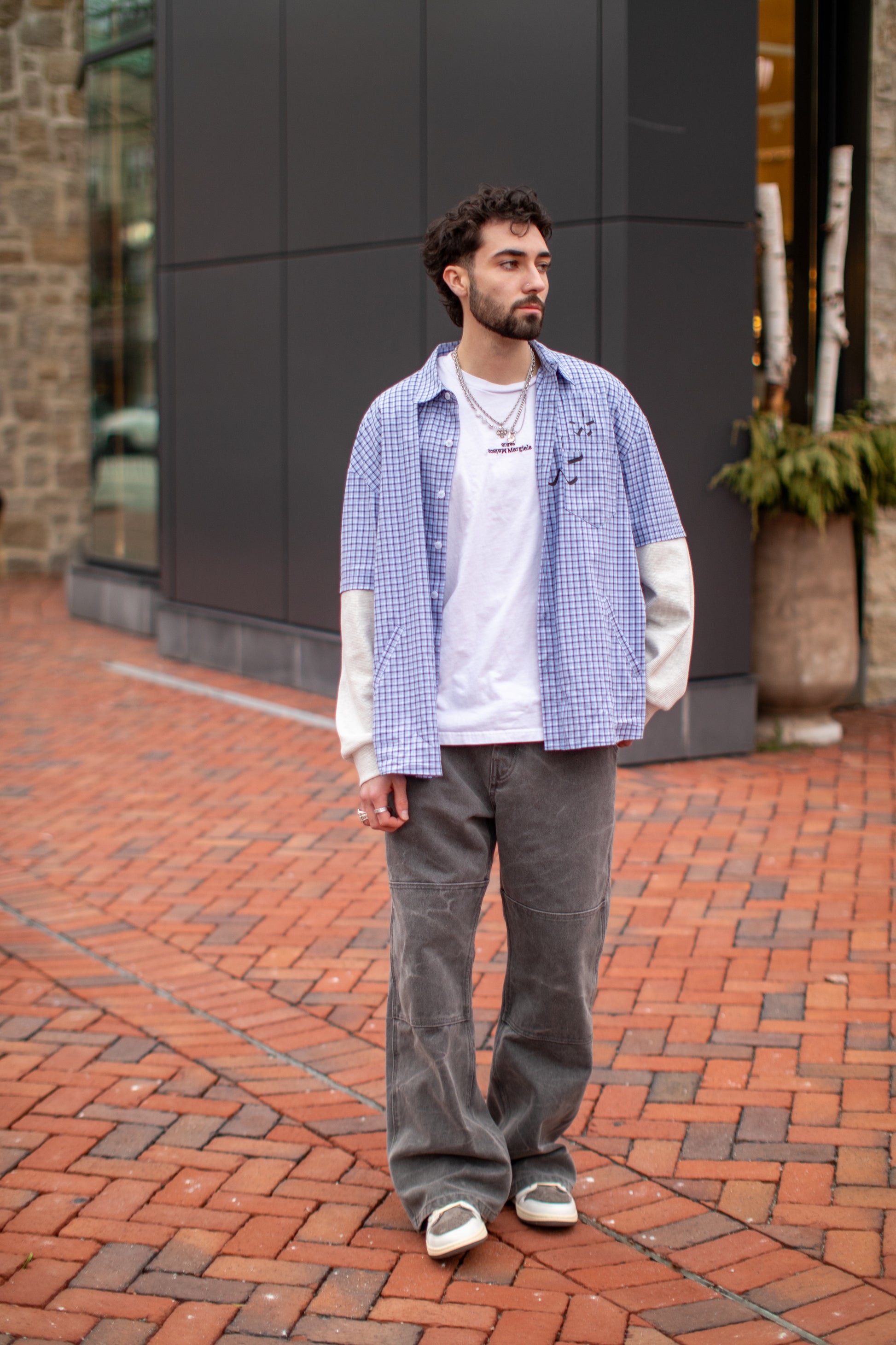 cobalt check 'better-off' collar shirt with thermal sleeves