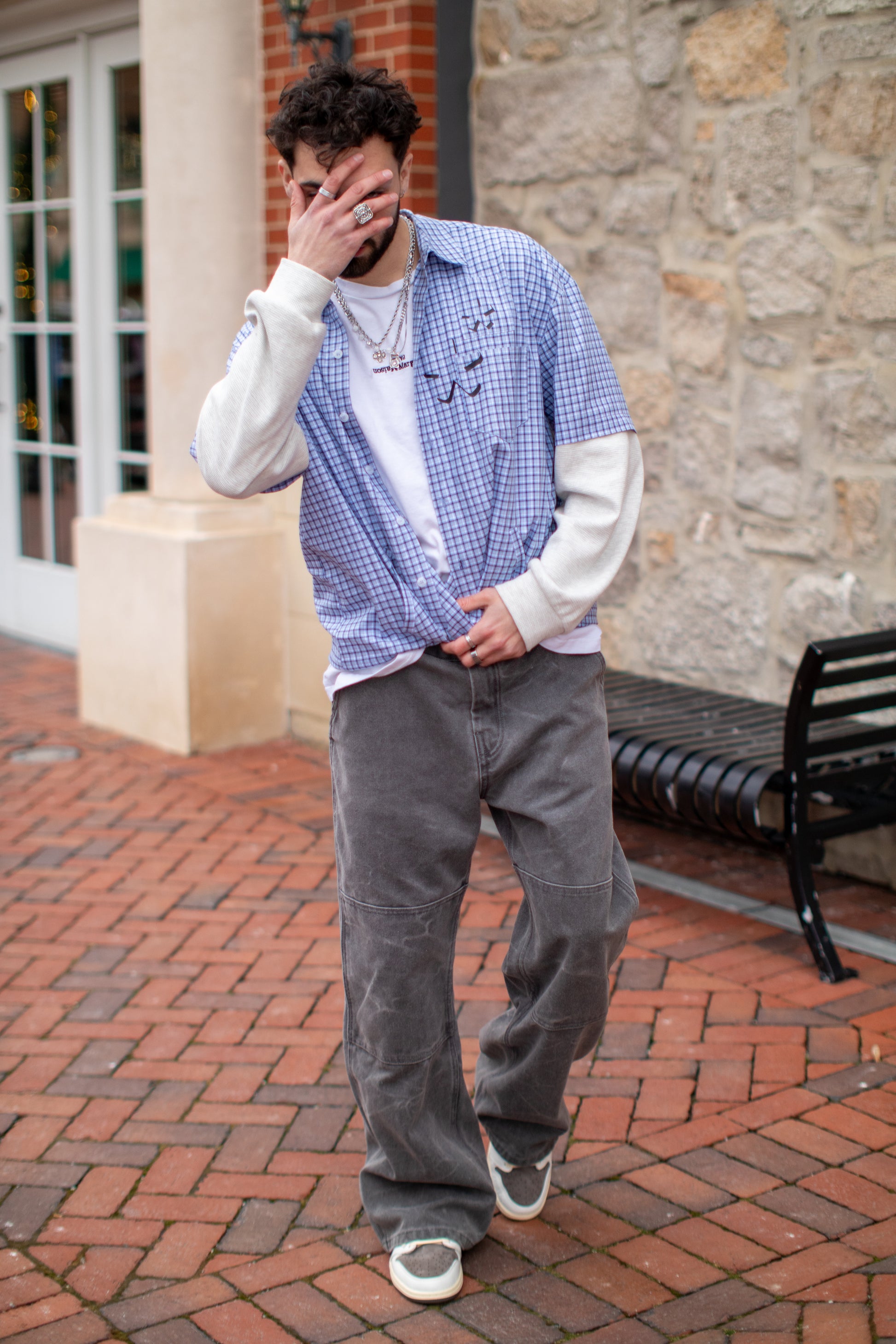 cobalt check 'better-off' collar shirt with thermal sleeves