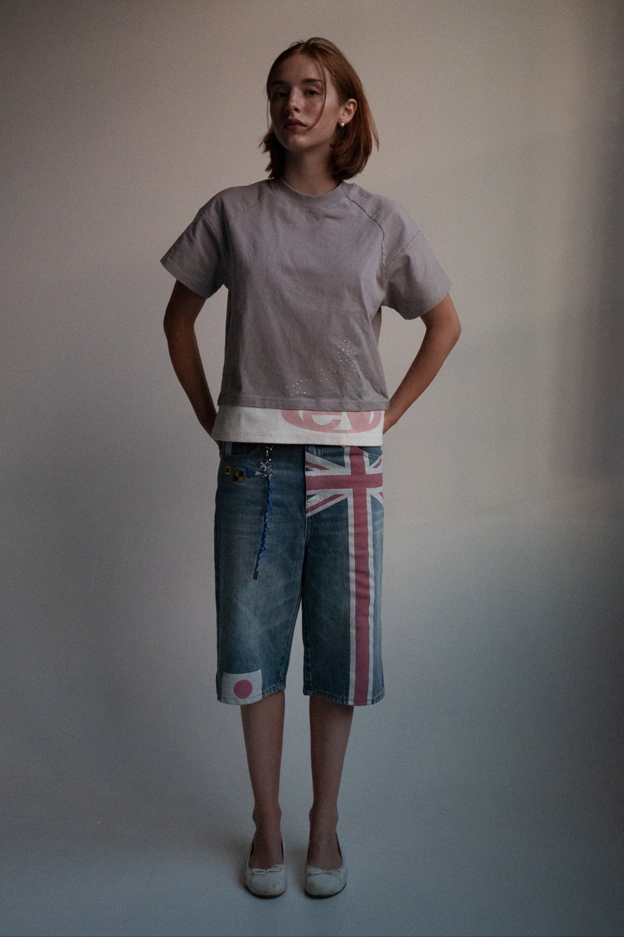 ash strata cotton tee with rhinestones and rose pedal emblem