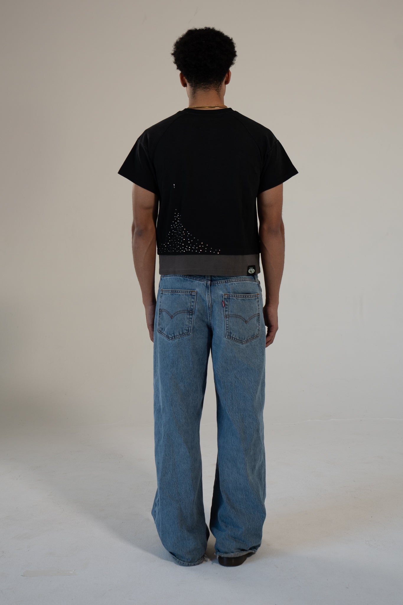 carbon strata cotton tee with rhinestones and leaf emblem
