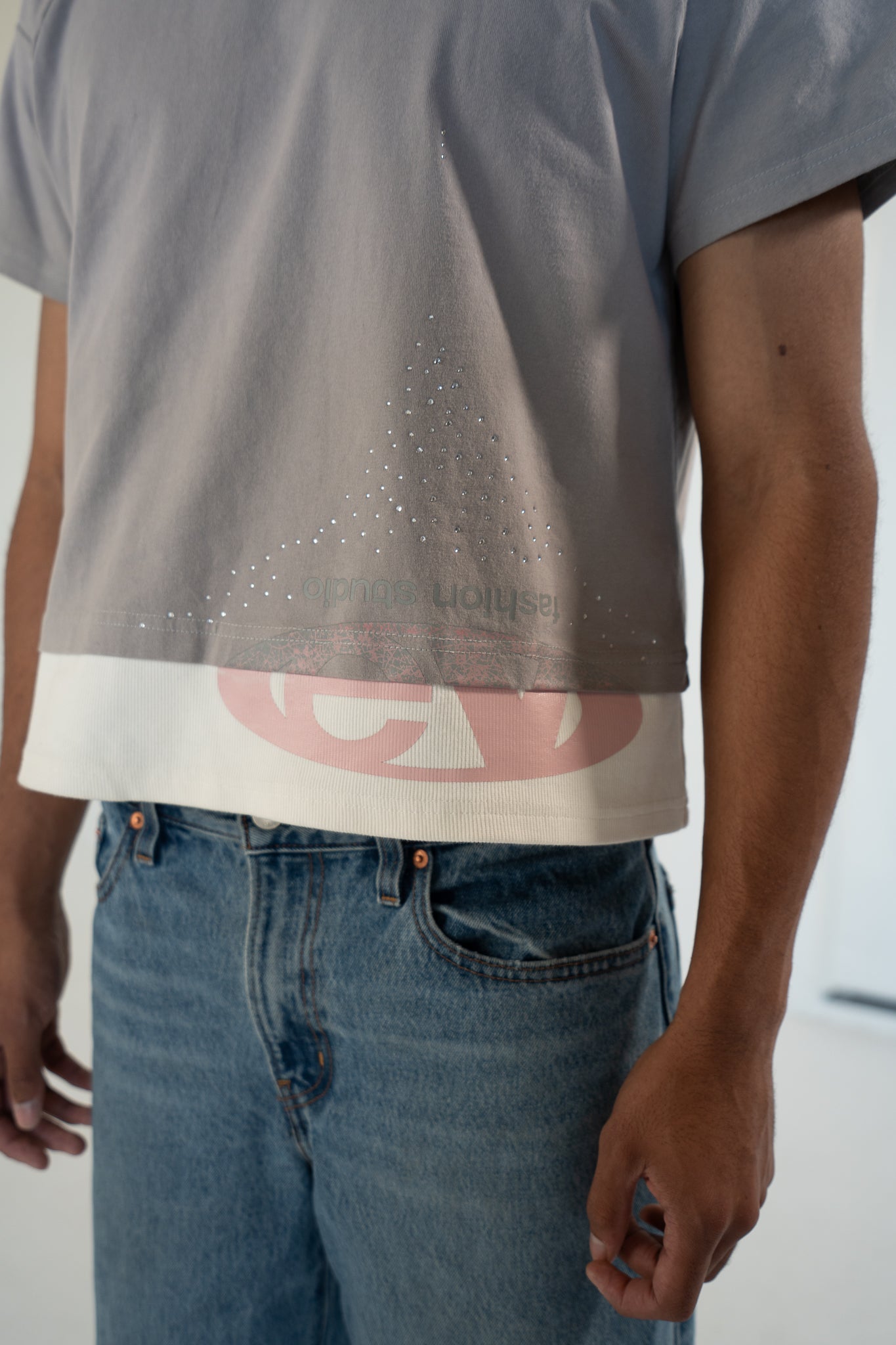 ash strata cotton tee with rhinestones and rose pedal emblem