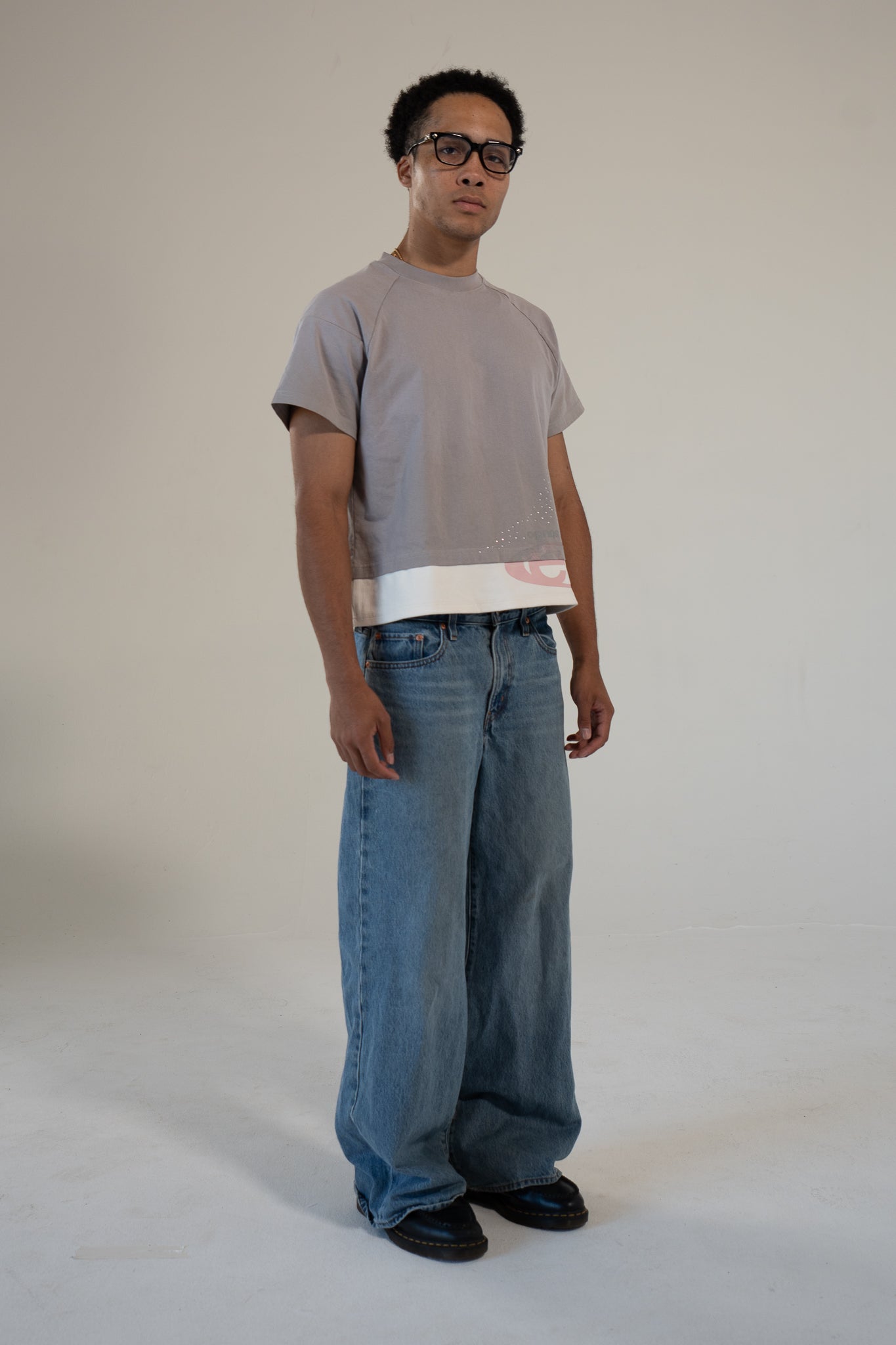 ash strata cotton tee with rhinestones and rose pedal emblem