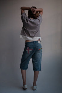 ash strata cotton tee with rhinestones and rose pedal emblem