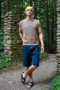 mud finished cutoff tank top with alloy emblem
