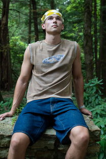 mud finished cutoff tank top with alloy emblem