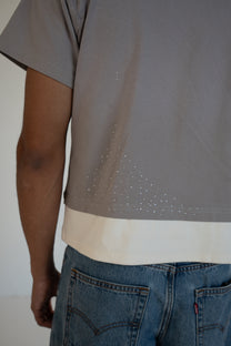 ash strata cotton tee with rhinestones and rose pedal emblem